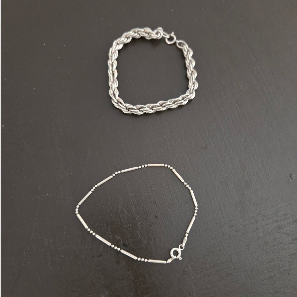 Silver Bracelet Set Rope Chain‎ and Bar Bead Link 7.25-7.5 Inch 2 Piece